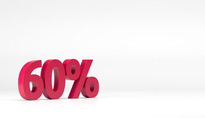 60% percentage off discount icon 3D red on white isolated background 3d illustration. Shiny and plastic Percent or discount Symbol. For sale, shopping, promotion symbol. Half price offer