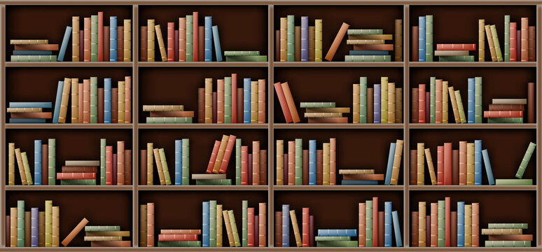 Bookshelf background, books on shelf in library, home, school or office interior. Volumes with color paperback stand in row and lying in pile on rack standing on floor, realistic 3d vector