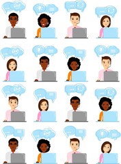 Set of helpline operator with headset consulting client and shopping icons .