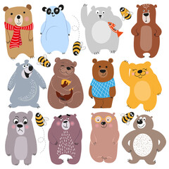 Happy bears, a large set of cute bears with bees. Cartoon vector illustration isolated on white background.