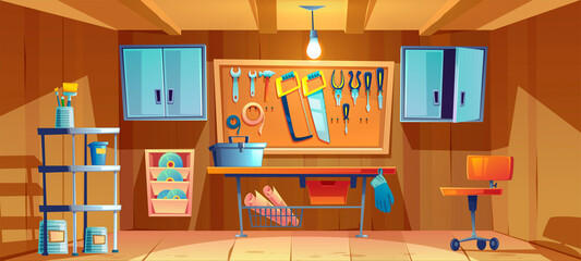 Garage interior with instruments, tools for carpentry and repair works. Empty workshop with Screwdriver, pliers and hammer hanging on board, workbench, toolbox and brushes. Cartoon vector illustration