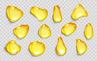 Drops of orange juice or oil, yellow liquid droplets of different shapes, honey blobs, golden colored syrup spots isolated on transparent background, realistic 3d vector illustration, icons set