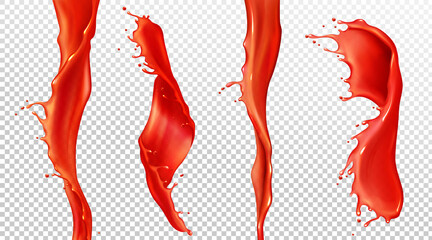 Red tomato juice splash and stream. Vector realistic mockup of spiral waves of liquid ketchup, sauce, strawberry juice. Twisted flow of blood with splash and drops isolated on transparent background