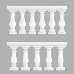 White marble balustrade, handrail for balcony, porch or garden in classic roman style. Vector realistic set of baroque stone railing, banister with pillars, antique fence with columns