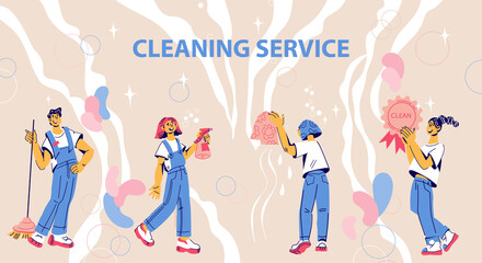 Professional cleaning company service website banner or flyer template with trendy characters of cleaners staff. Housework assistance and housekeeping. Cartoon vector illustration.