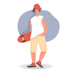Young man walking and holding skateboard in hand. Style teenager in modern clothes. Male character  in summer time. Cute illustration in flat style.