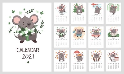 Calendar 2021 template with cute mouse character vector illustration. Monthly english calendar design with symbol of year. Set of 12 months. Week starts on Sunday. Isolated on white background