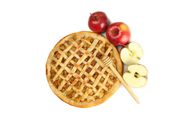 Tasty apple pie, apples and dipper isolated on white background