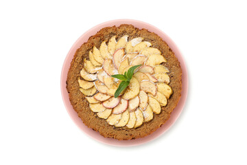 Plate with tasty apple pie isolated on white background