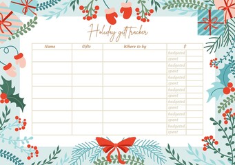 Holiday gift tracker template with lettering vector illustration. Colourful decoration for calendar flat style. Xmas. Winter holiday and christmas present concept