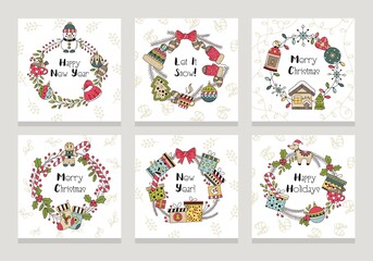 Merry christmas and happy new year cards set vector illustration. Let it snow flat style. Bright decoration. Xmas and winter seasonal holiday concept. Isolated on grey background