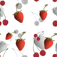 Seamless pattern of strawberries and cherries on a white background. Print for fabric, packaging paper