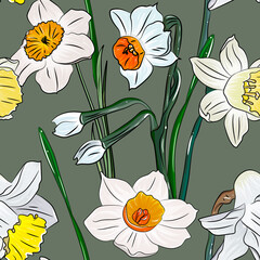 seamless pattern with daffodils. Summer, spring background with delicate flowers of narcissus.