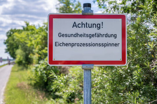 Warnschild in einem bewaldeten Gebiet mit der Aufschrift "Achtung! Gesundheitsgef&auml;hrdung Eichenprozessionsspinner" in deutscher Sprache