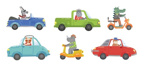 Cute bright animals ceremony in colourful cars vector illustration. Different vehicle flat style. Road movement or traffic. Crocodile hippo and rhino. Isolated on white background