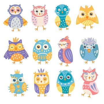 Set of bright colourful cute owls ceremony vector illustration. Different emotions and expressions flat style. Animal world concept. Isolated on white background