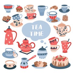 Tea time ceremony with luxury ceramic tableware vector illustration. Elegant dinner service flat style. Blue lettering. Tasty homemade baked goods. Isolated on white background