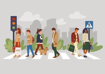 Walking people on crosswalk crossing with dog vector illustration. Traffic lights flat style. City street with pedestrian. Crowd in urban environment. Isolated on grey background © Microstocker.Pro