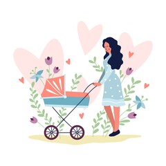 Young woman walking with baby in baby carriage in park vector illustration. Pink hearts flat style. Female in dress outdoors. Parenthood concept. Isolated on white background