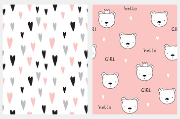 Hello Girl. Cute Nursery Art with White Shy Bear Isolated on a Light Pink Background. Seamless Irregular Vector Pattern with Black and Pink Hearts on a White. Baby Girl Party Decoration.