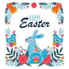 Happy easter greeting card with blue bunny vector illustration. Festive lettering flat style. Spring seasonal holiday concept. Floral decoration. Isolated on white background