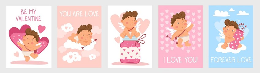 Set of cute valentines day cards with little boy vector illustration. I love you forever love and be my valentine lettering flat style. Sweet greeting. Relationship and holiday concept
