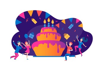 Obraz premium Happy birthday and tasty cake with people vector illustration. Candles and boxes with presents flat style. Fun celebration concept. Isolated on white background
