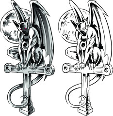 Chimera gargoyle sitting on a cross, hand-drawn vector illustration with gothic guards, demon in tatto style.