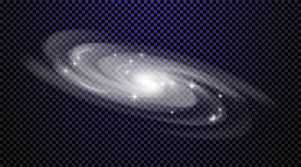 Realistic milky way spiral galaxy with stars isolated on transparent background. Bright blue yellow and red stars with space galaxy star dust. Can be used on flyers banners, web and other projects.