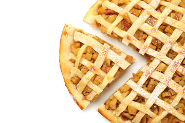 Tasty apple pie isolated on white background. Homemade food