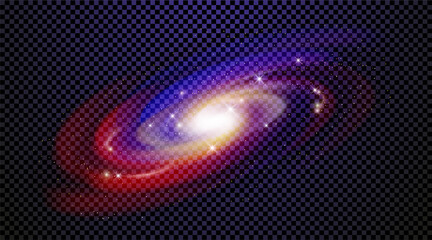 Realistic milky way spiral galaxy with stars isolated on transparent background. Bright blue yellow and red stars with space galaxy star dust. Can be used on flyers banners, web and other projects.