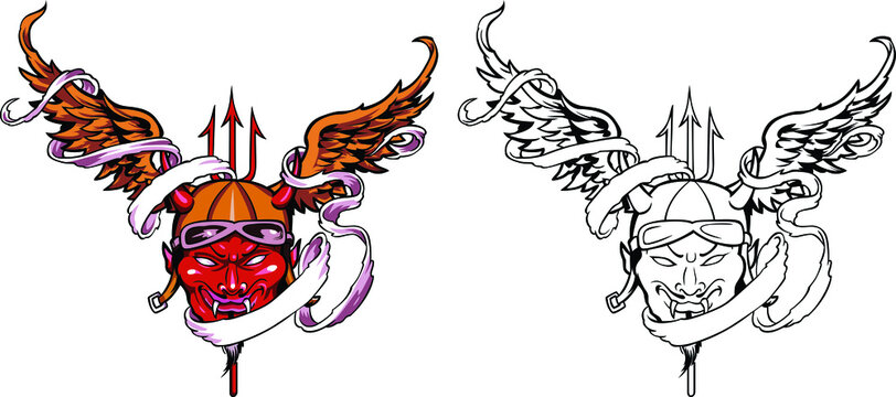 Tattoo devil with wings and a trident and ribbon for creating your own badges, logos, labels, posters. Vector illustration.