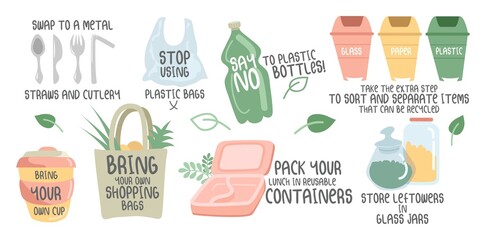 Eco handwritten quotes and colourful objects vector illustration. Stop using plastic bags and bring your own cup flat style. Separating trash concept. Isolated on white background