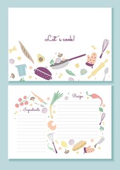 Recipe book printable template lets cook lettering vector illustration. Pages with colourful design flat style. Family cookbook. Vegetable and fruit decor. Isolated on blue background