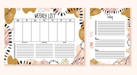 Printable planner design template weekly list vector illustration. To do list priorities and notes flat style. Stylish design of diary. Reminder concept. Isolated on pink background