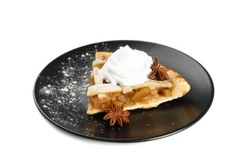 Plate with piece of apple pie isolated on white background