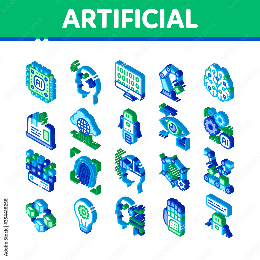 Aufkleber artificial intelligence vector icons set. isometric artificial intelligence details binary code, rob