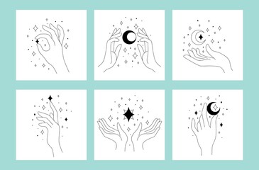 Set of beautiful linear logos with hands vector illustration. Collection of hand and decorative starts and moon flat style. Modern artwork concept. Isolated on blue background