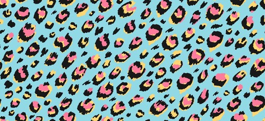 Leopard seamless pattern texture in blue and pink vector illustration. Animal pattern with different colours flat style. Realistic abstract animal texture concept