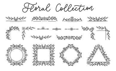Obraz premium Floral design frames in black colour with text vector illustration. Different geometrical forms with flowers flat style. Modern design. Isolated on white background