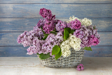 Vintage gray basket with a bouquet of fragrant lilac.