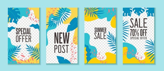 Social networks banners and sale templates with tropical leaves vector illustration. Special offer new post and summer sale text flat style. Isolated on blue background