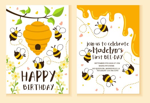 Kids party invitation with bees design template vector illustration. Bright bees and beehive flat style. Happy birthday fun celebration concept. Isolated on peach background