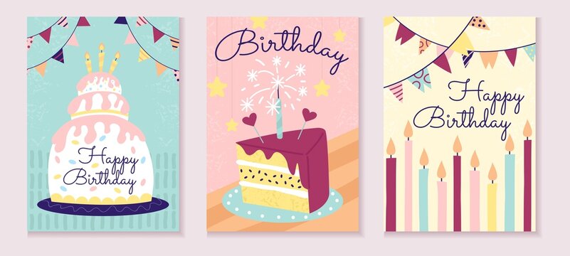 Happy birthday greeting cards design template vector illustration. Delicious bright cakes with inscription flat style. Festive fun party concept. Isolated on pink background
