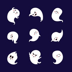Set of cute ghosts with different facial expressions vector illustration. Halloween character with various emotions flat style. Kind monster. Autumn holiday concept. Isolated on navy background