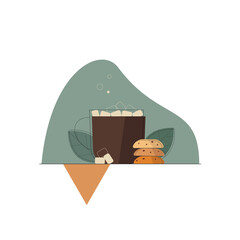 Illustration of hot drink cocoa and biscuits and marshmallows. Flat vector design for flyer or banner or decoration.