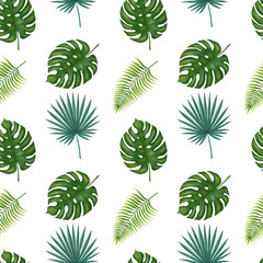 Seamless tropical leaves pattern on the white background. Hand drawn digital illustration of tropical leaves pattern. Jungle leaves background.