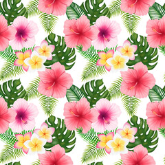 Seamless tropical leaves and flowers pattern on the white background. Hand drawn digital illustration of tropical flowers pattern. Jungle leaves and flowers background. Pink hibiscus flower pattern. © DRAWzdova
