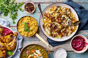 Fototapeta na wymiar Indian cuisine dinner: tandoori chicken, biryani
