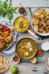 Indian cuisine dinner: tandoori chicken, biryani